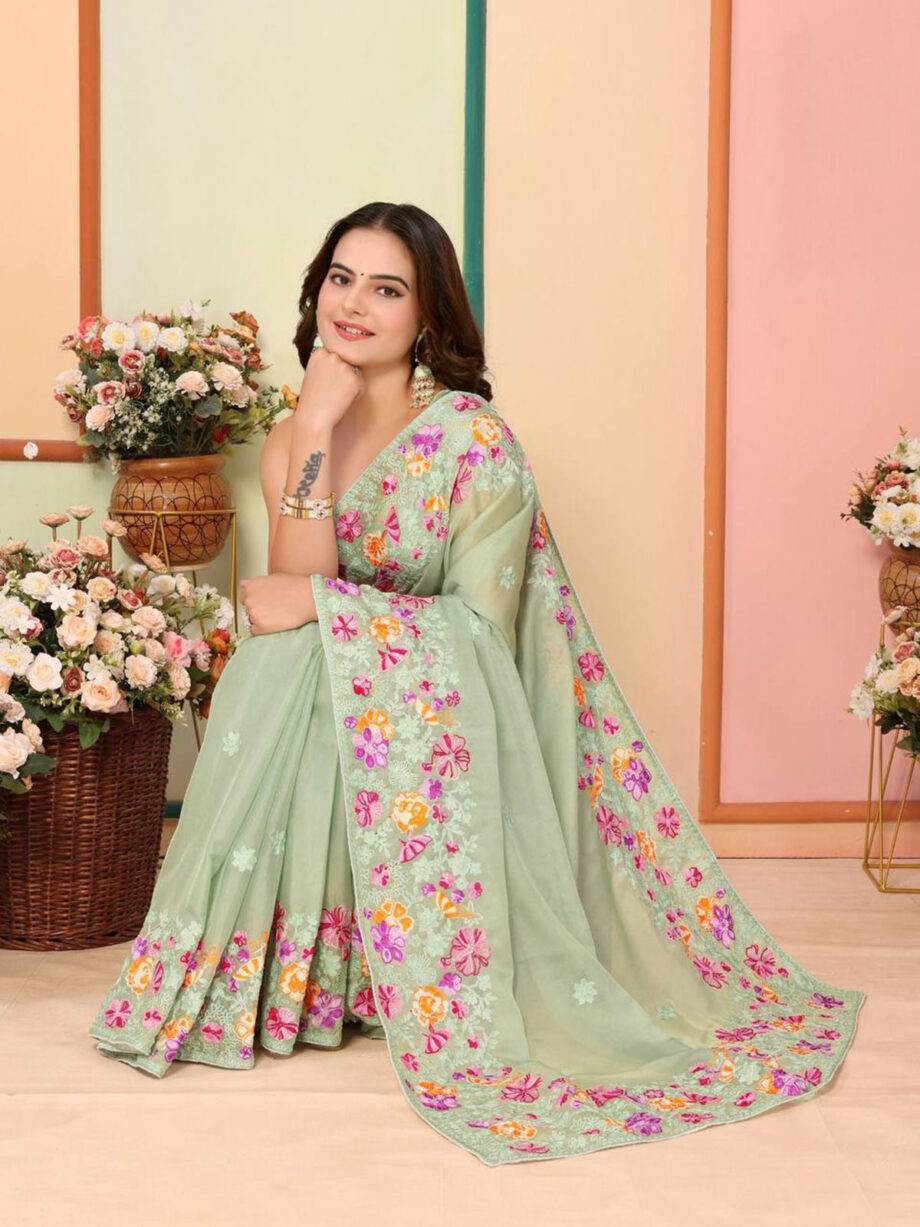 Green Taby Organza Silk Bridal Saree