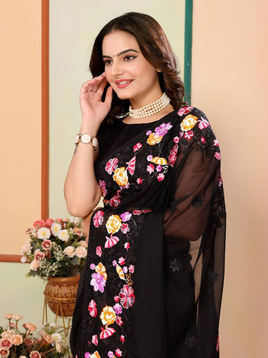 Black Taby Organza Silk Bridal Saree