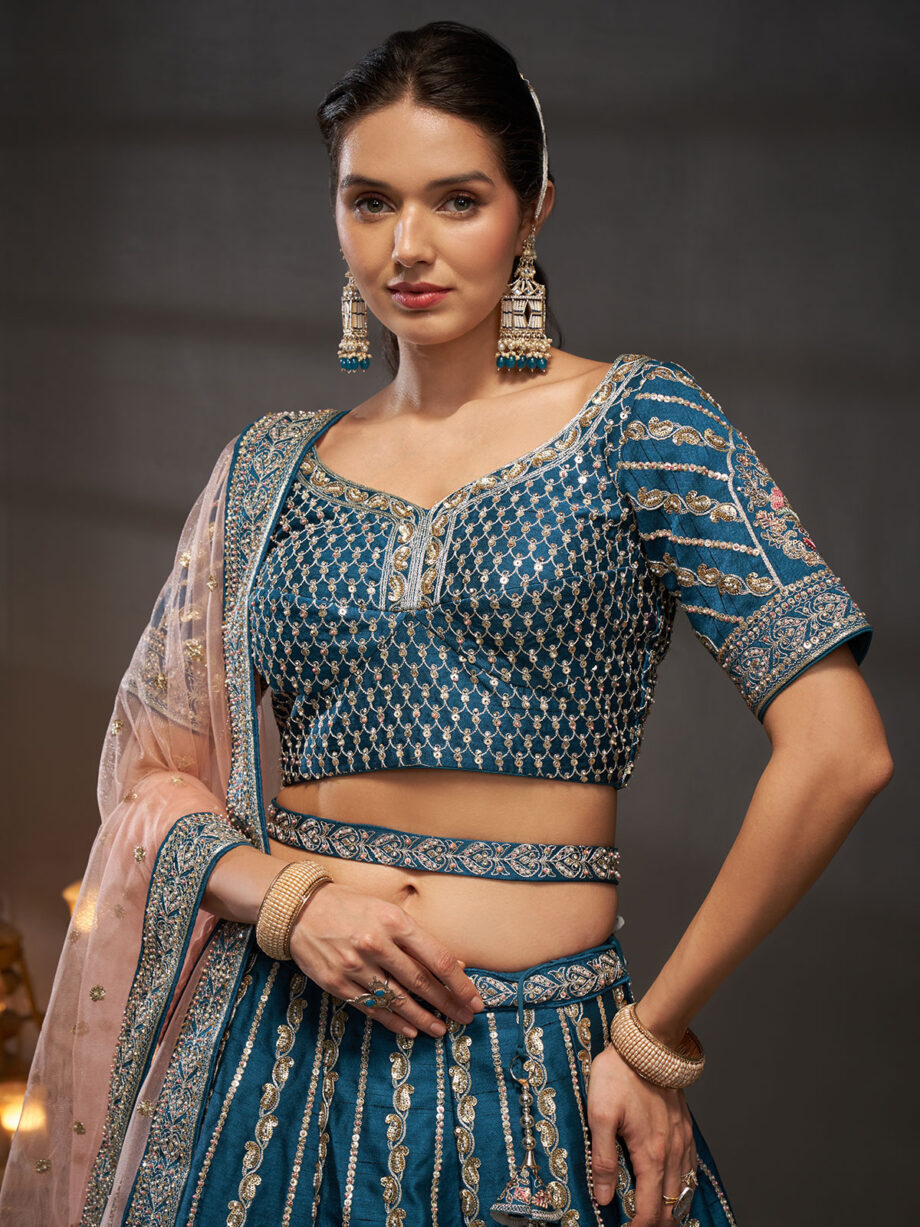 Teal Embroidered Designer Lehenga Choli Set