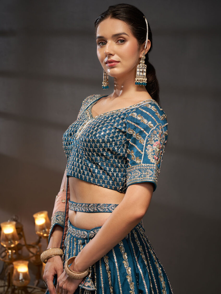 Teal Embroidered Designer Lehenga Choli Set