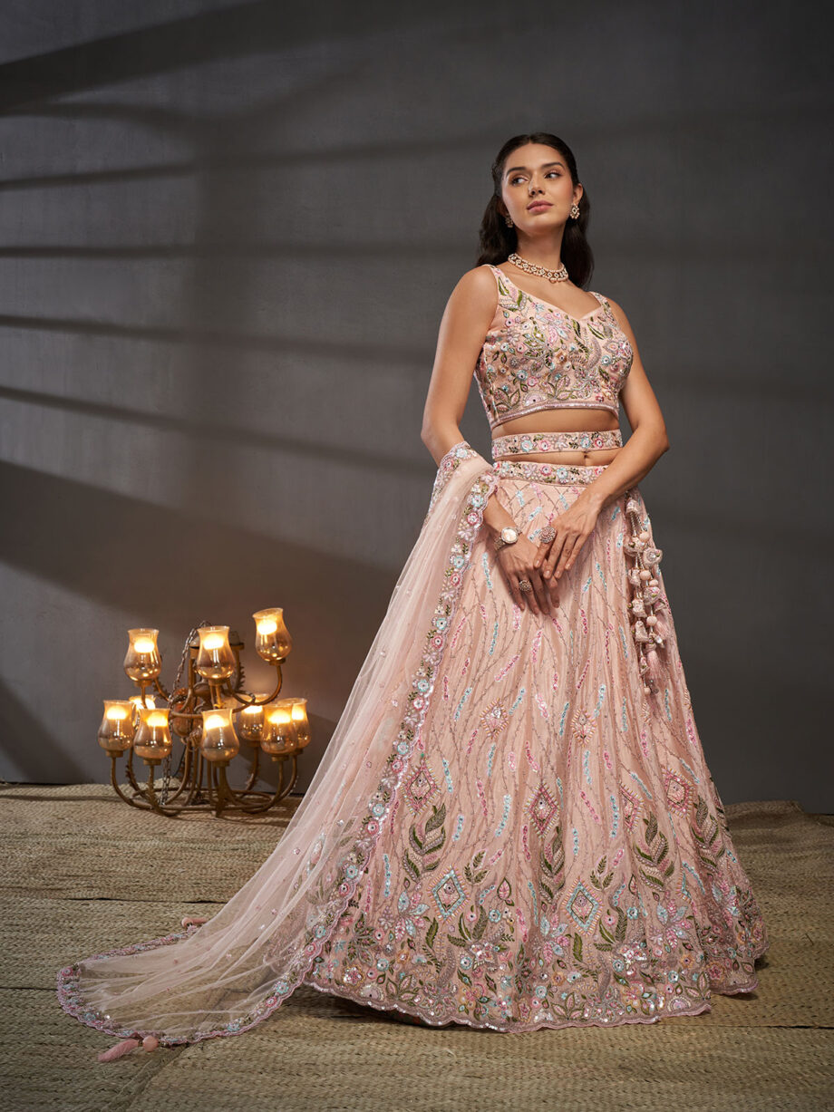 Peach Embroidered Designer Lehenga Choli Set