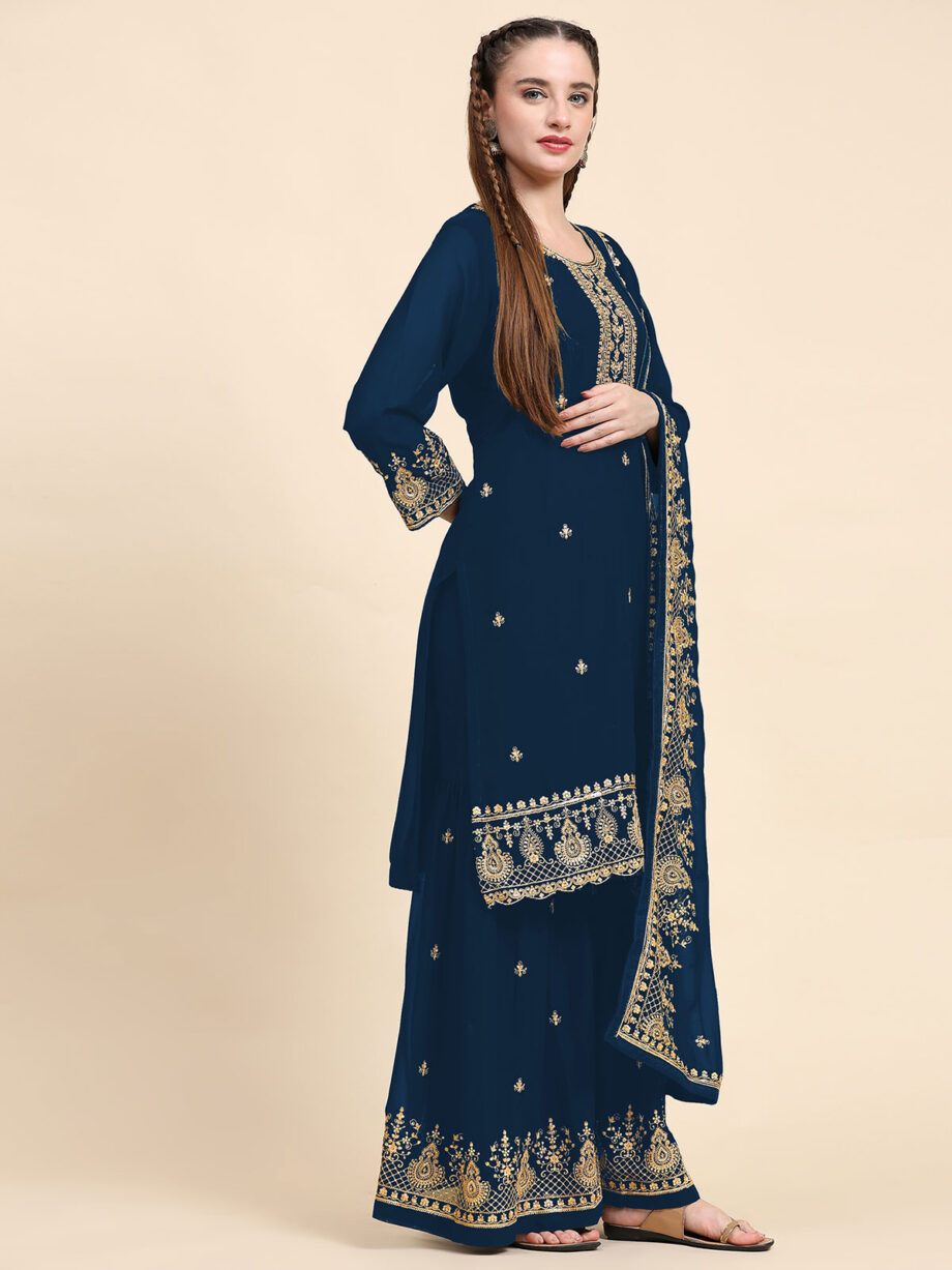 Blue Semi Stitched Suit Palazzo Set