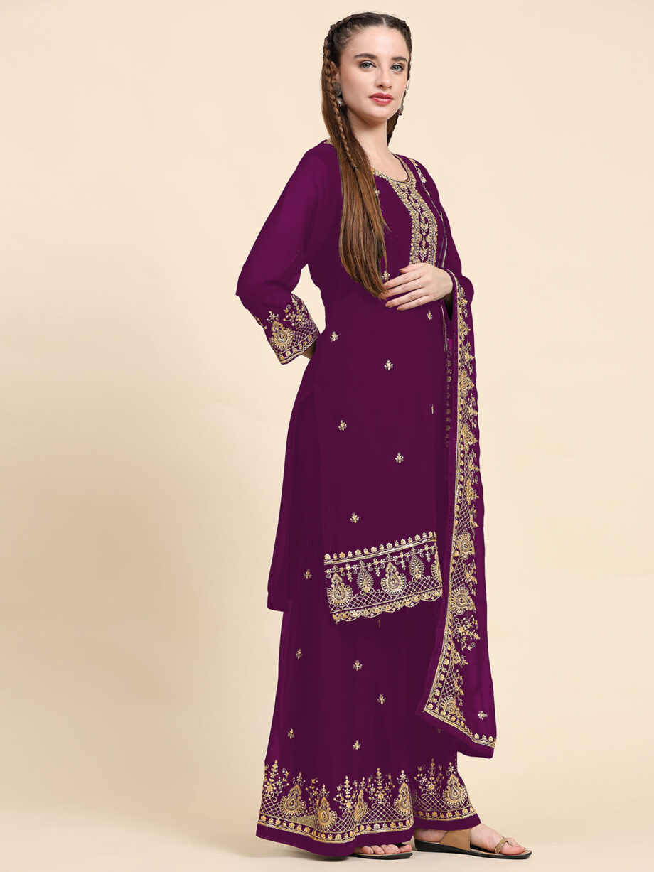 Purple Semi Stitched Suit Palazzo Set
