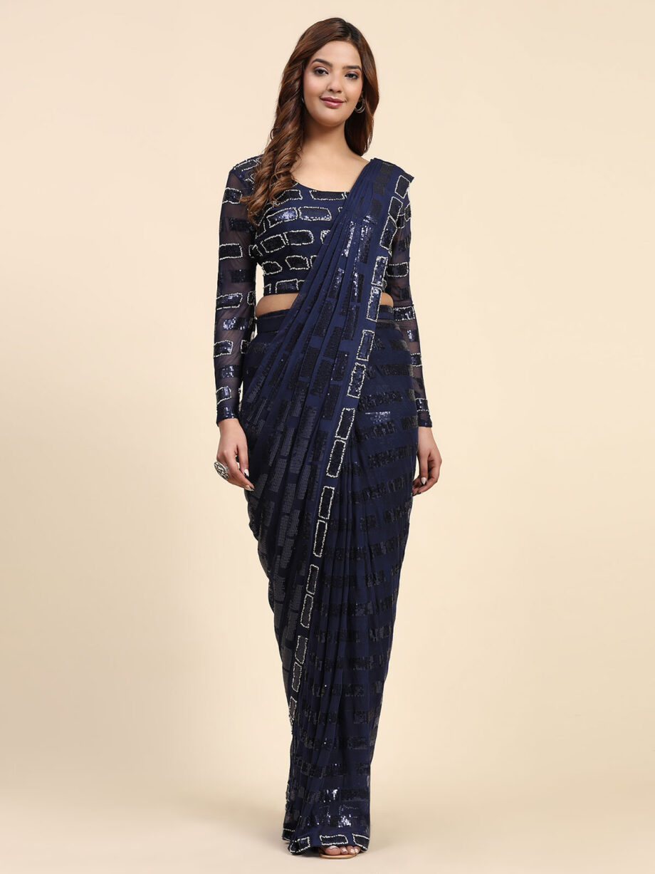 Blue Pure Georgette Party Wear Ready To Wear Saree