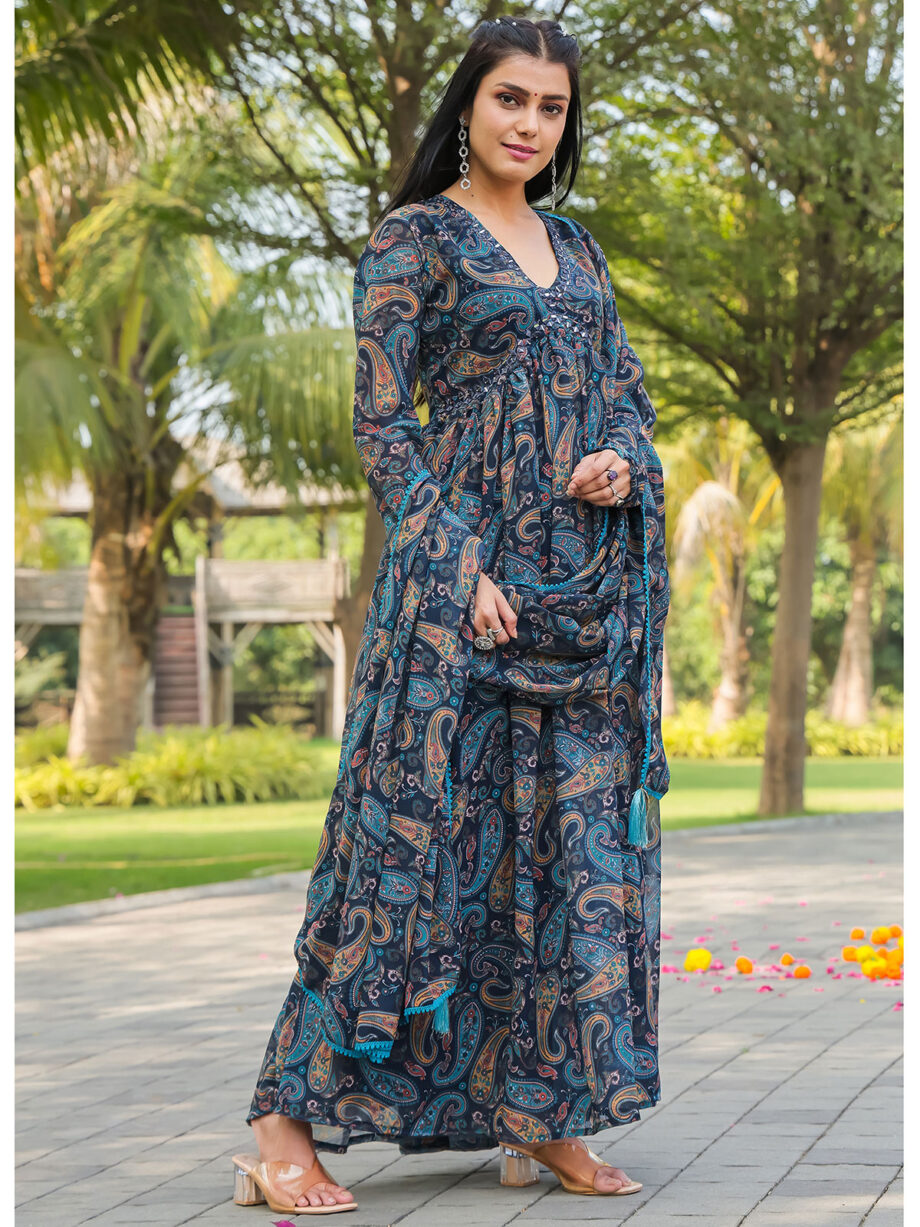 Blue Floral Printed Gown With Dupatta