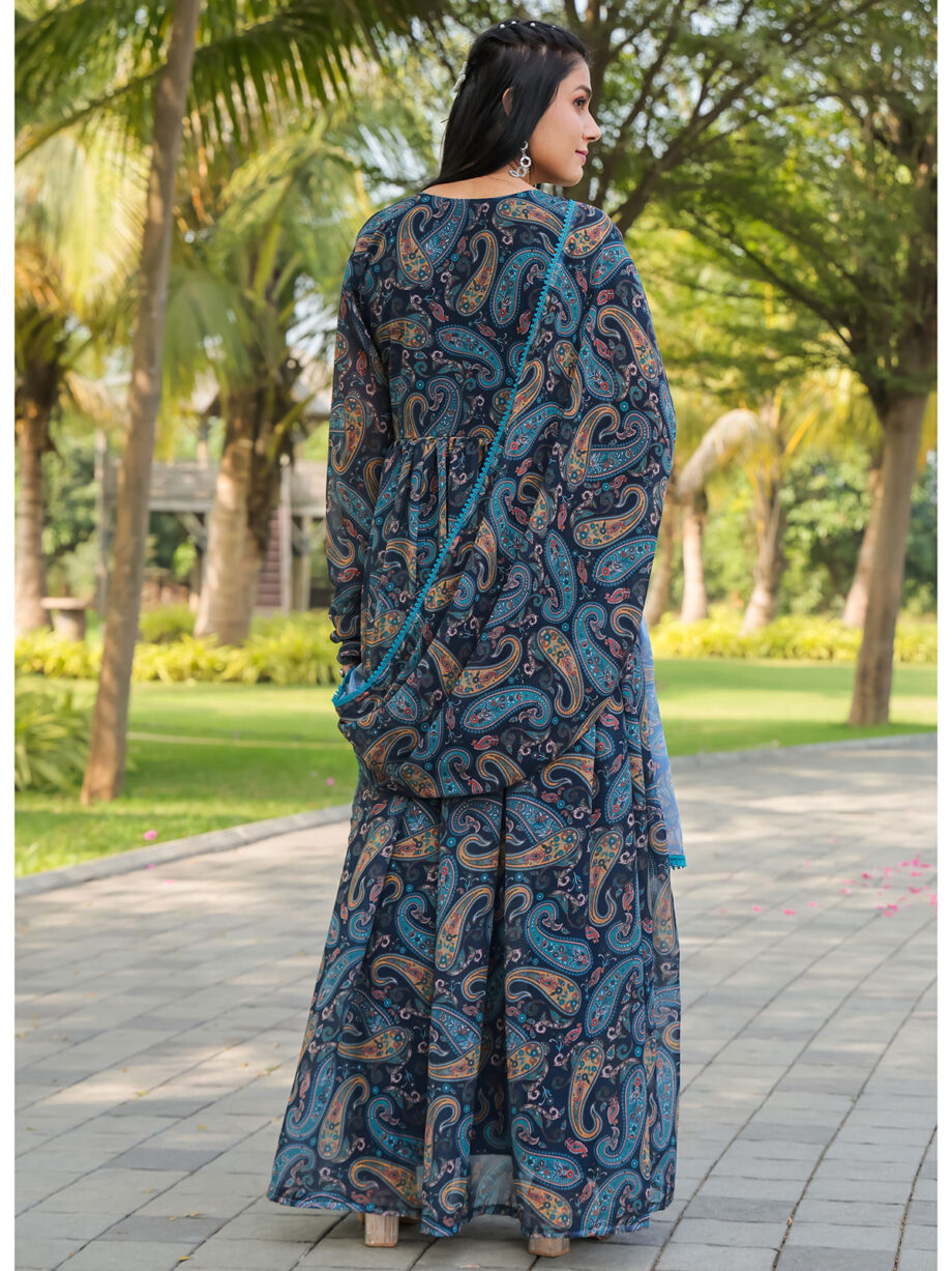 Blue Floral Printed Gown With Dupatta