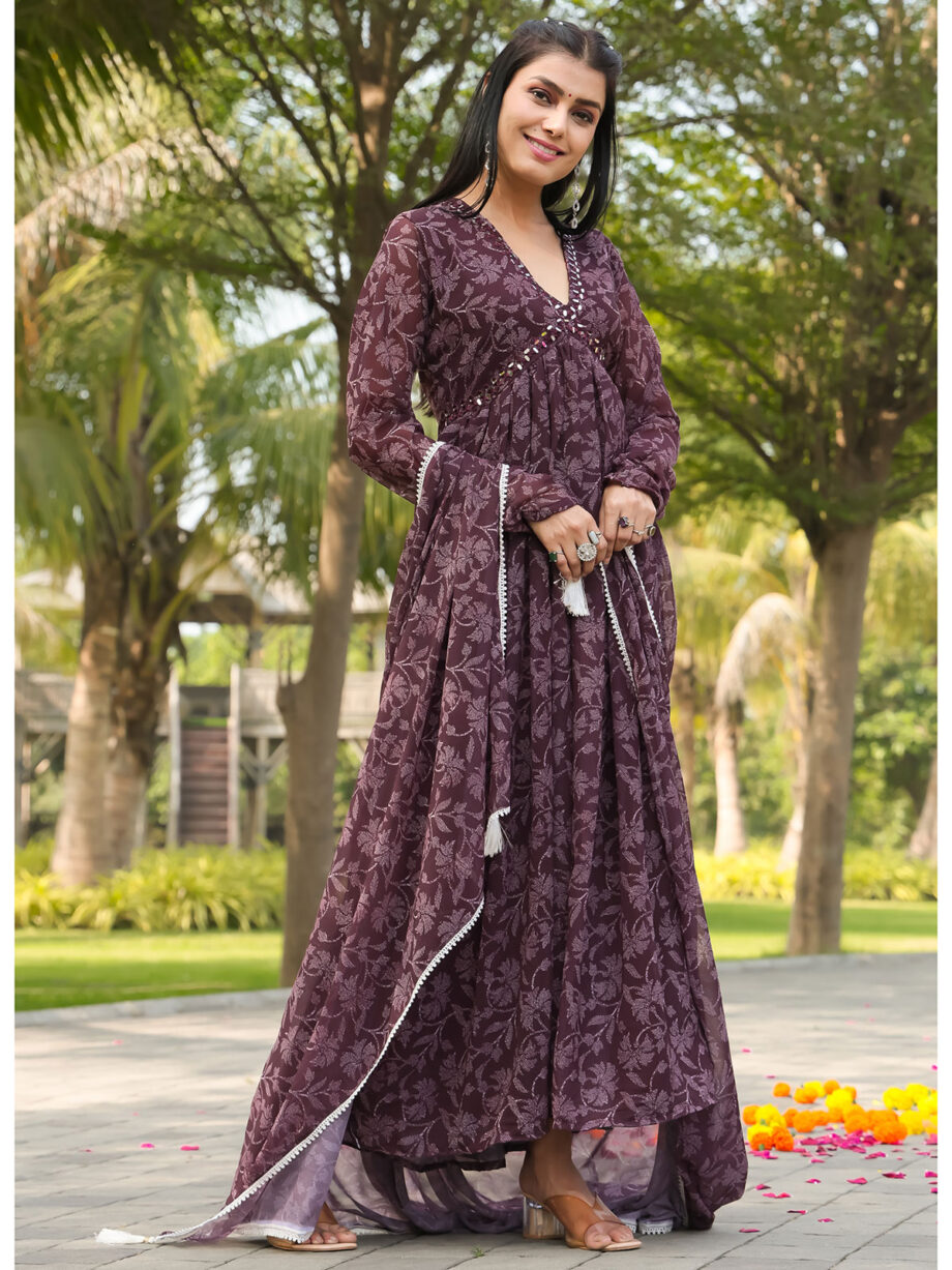 Purple Floral Printed Gown With Dupatta