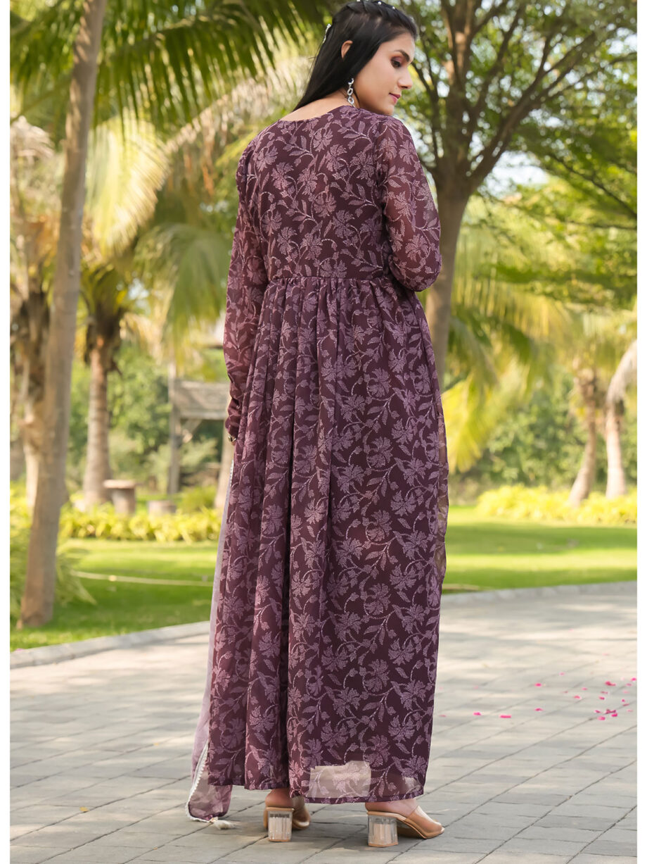 Purple Floral Printed Gown With Dupatta