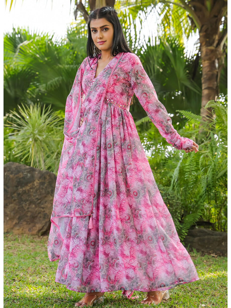 Pink Floral Printed Gown With Dupatta