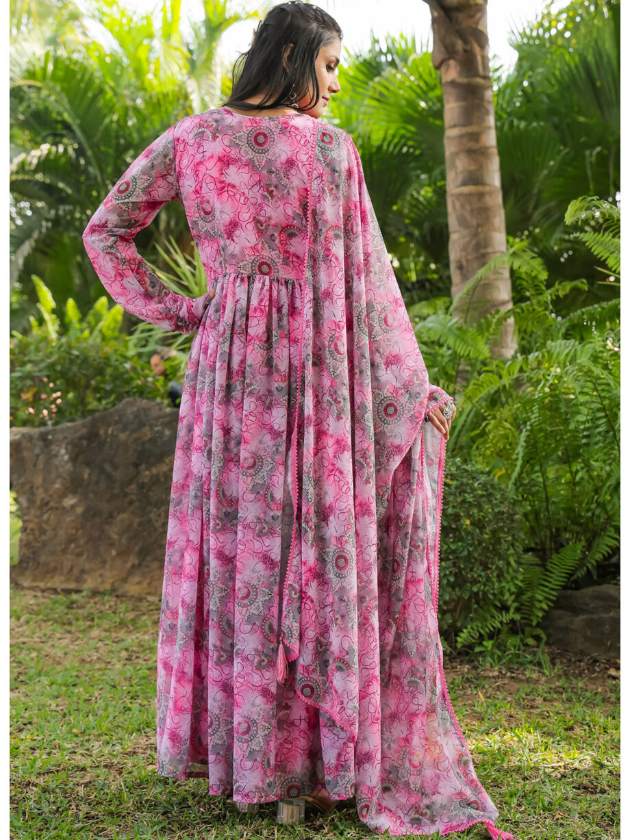 Pink Floral Printed Gown With Dupatta