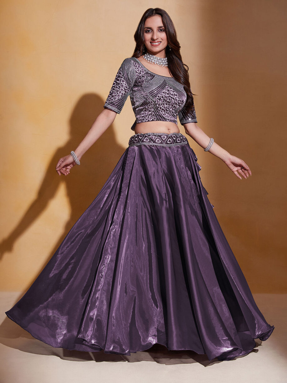 Wine Organza Silk Embroidered Lehenga Choli