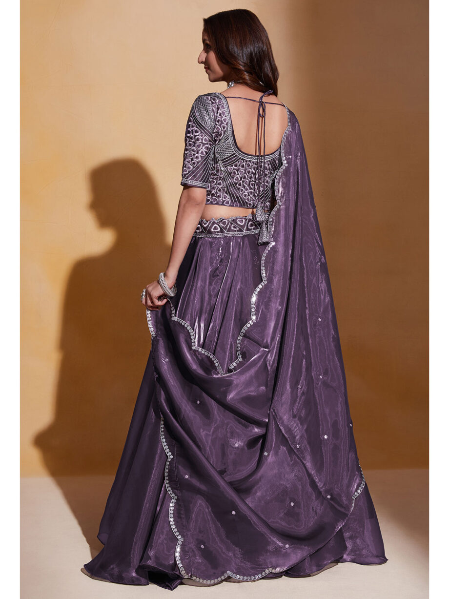 Wine Organza Silk Embroidered Lehenga Choli