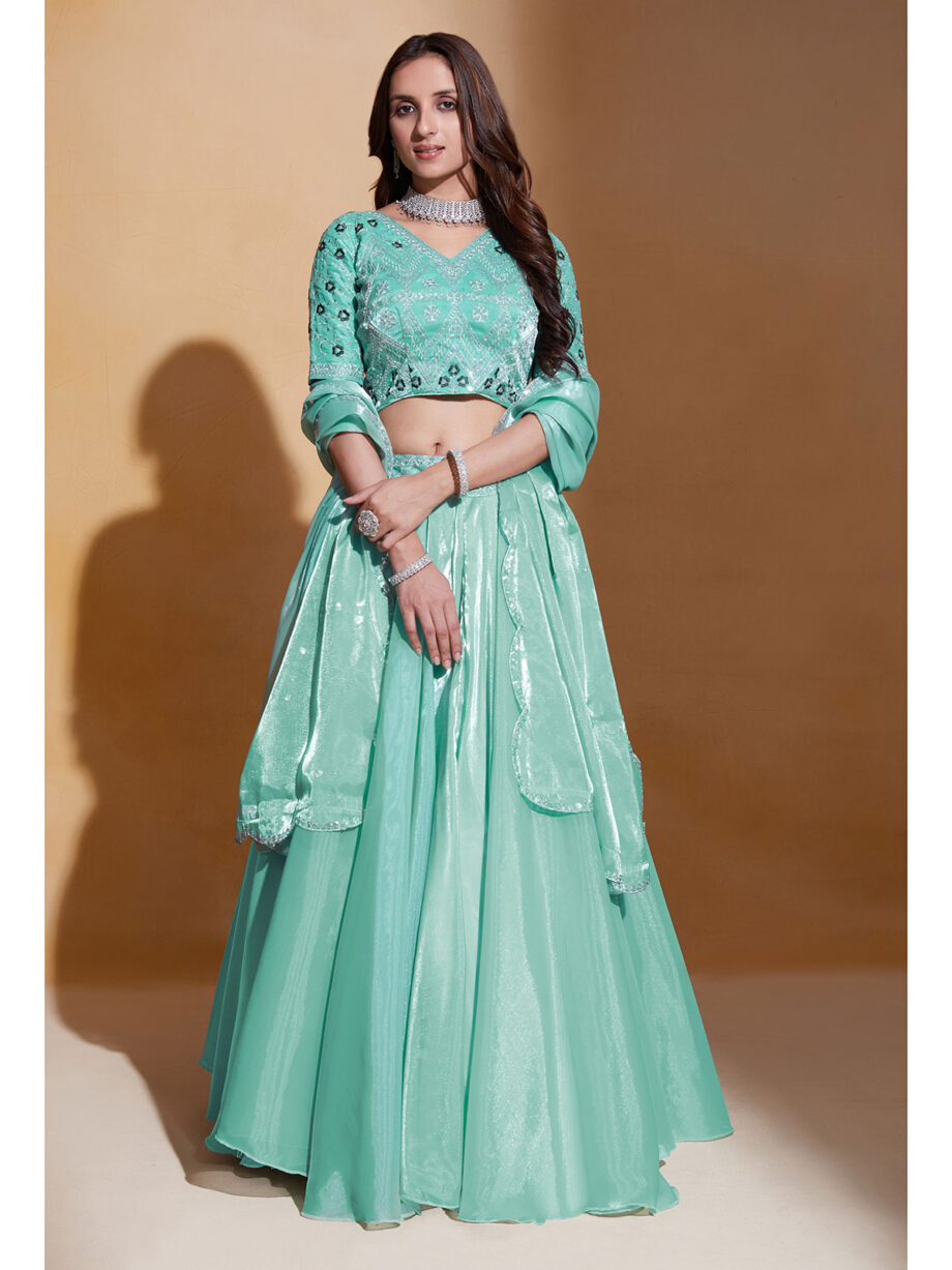 Sky Blue Silk Embroidered Lehenga Choli