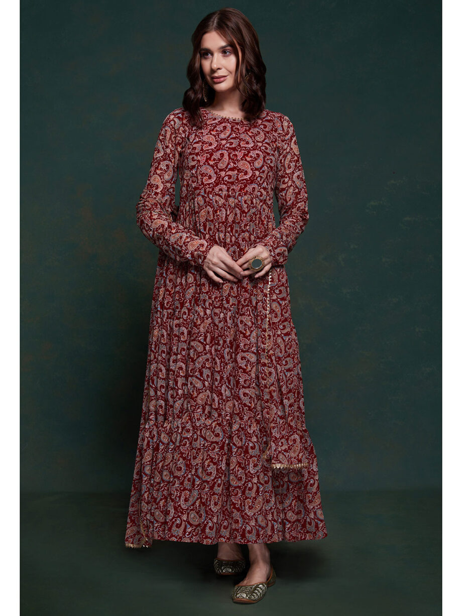 Maroon Georgette Designer Gown With Dupatta