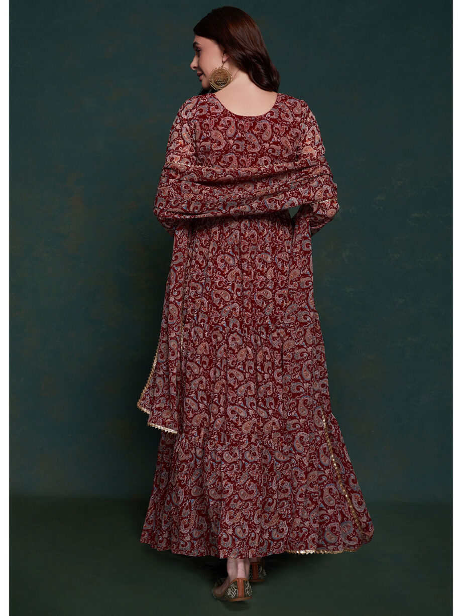 Maroon Georgette Designer Gown With Dupatta
