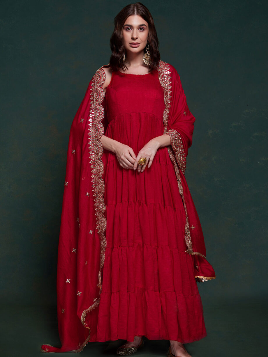 Red Georgette Designer Gown With Dupatta