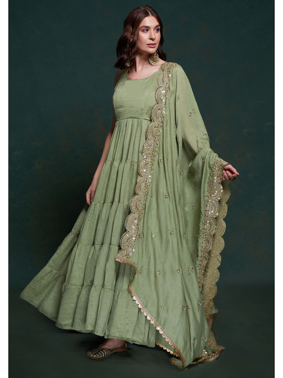 Off Green Georgette Designer Gown With Dupatta