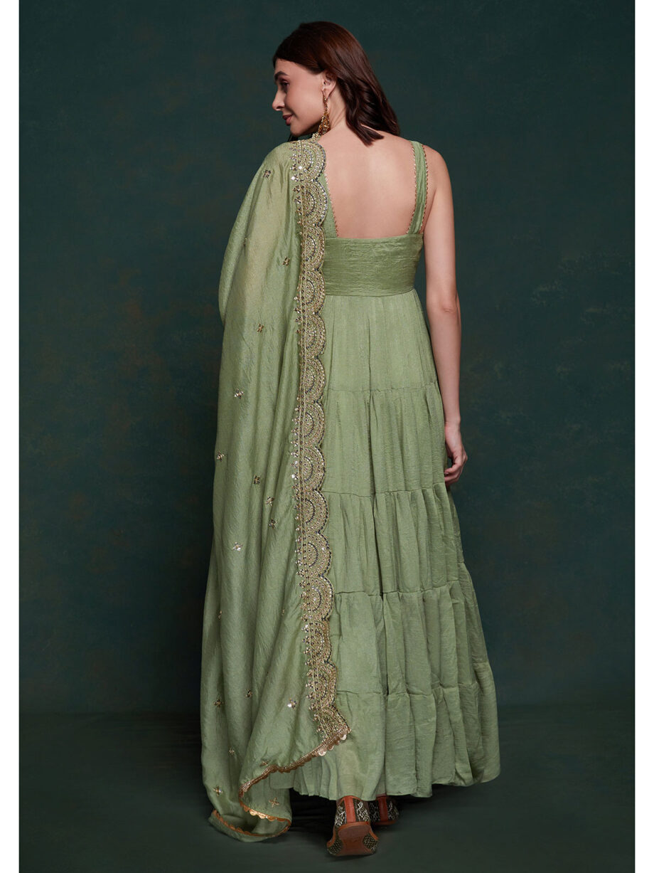 Off Green Georgette Designer Gown With Dupatta