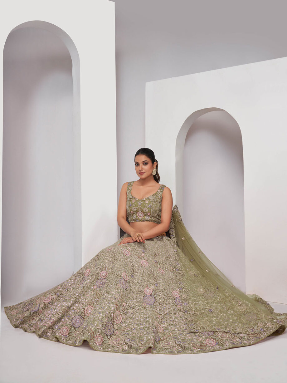 Olive Green Soft Net Lehenga Choli