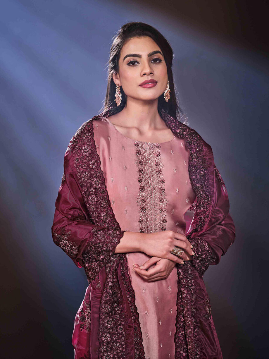 Pink Crystal Organza Embroidered Suit Set