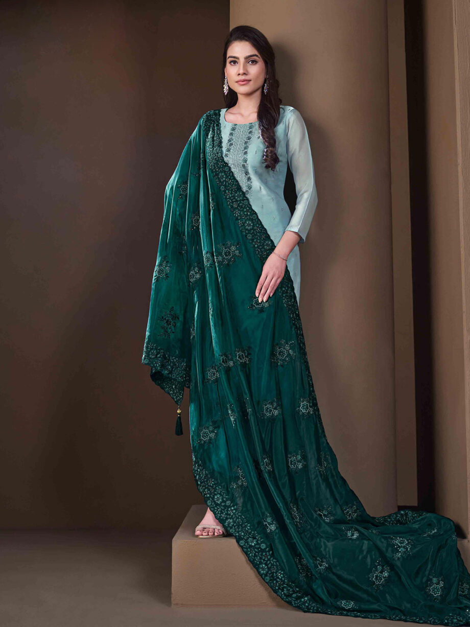 Sky Blue Crystal Organza Embroidered Suit Set