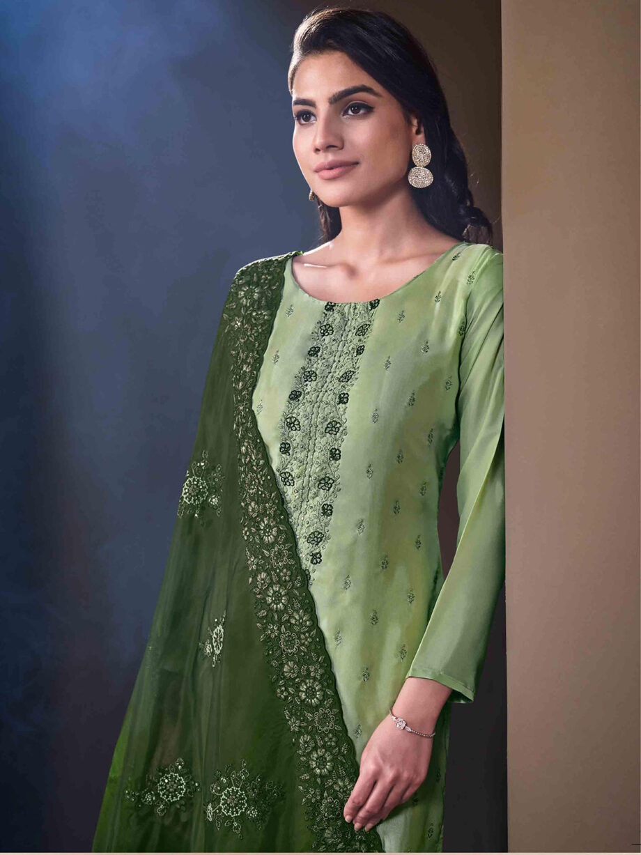 Green Crystal Organza Embroidered Suit Set