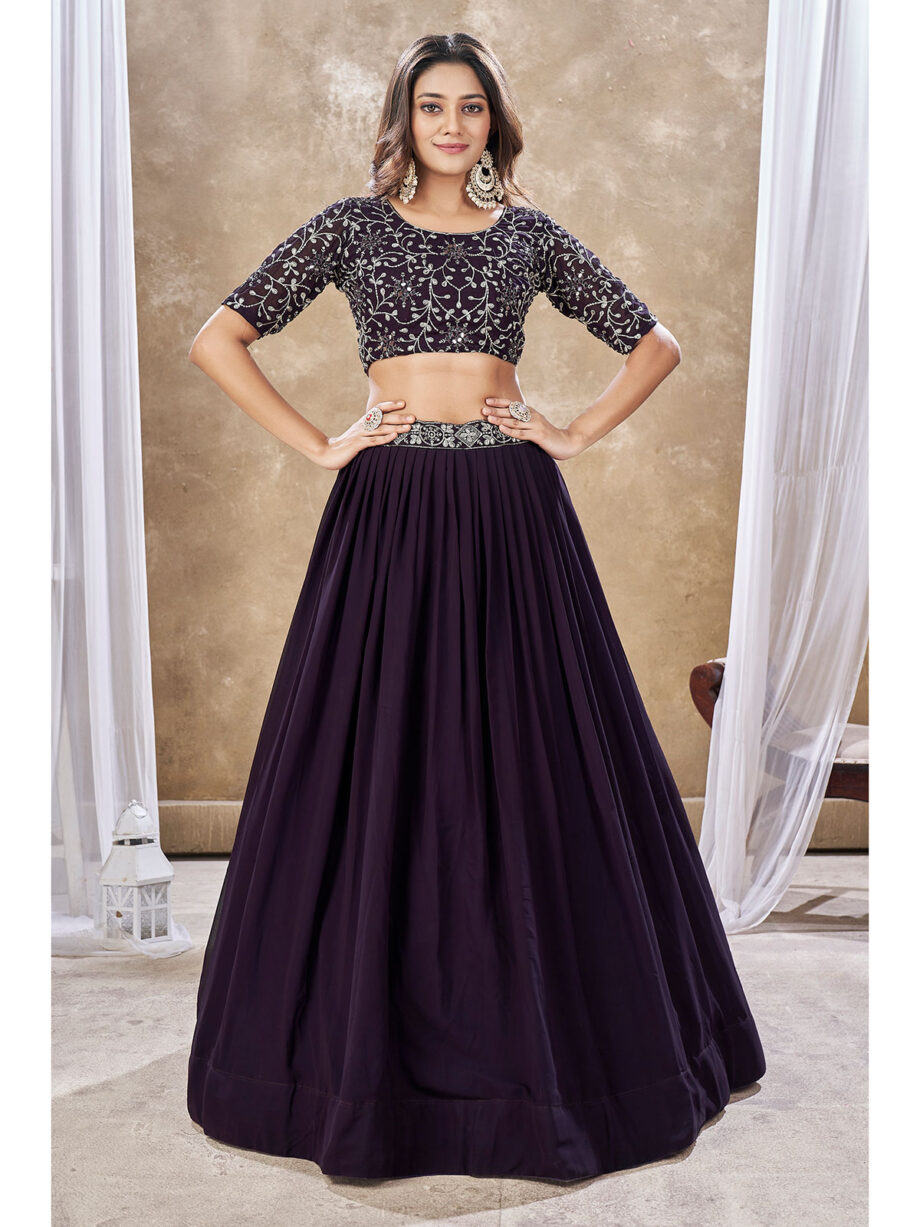 Wine Colour Embroidered Lehenga Choli