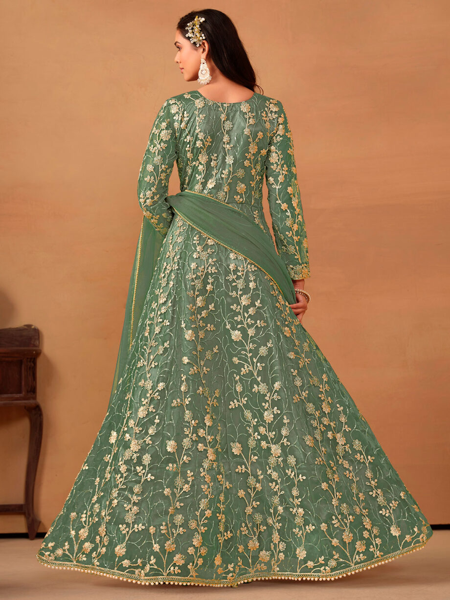 Pista Colour Butterfly Net Gown With Dupatta