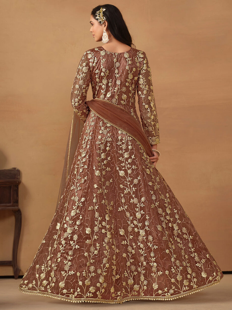 Brown Colour Butterfly Net Gown With Dupatta