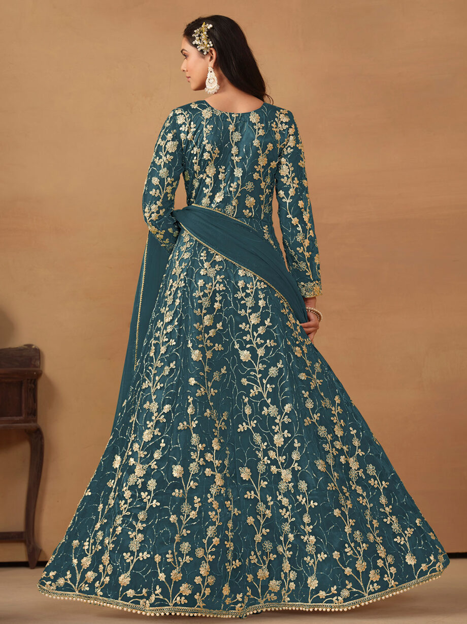 Aqua Blue Colour Butterfly Net Gown With Dupatta