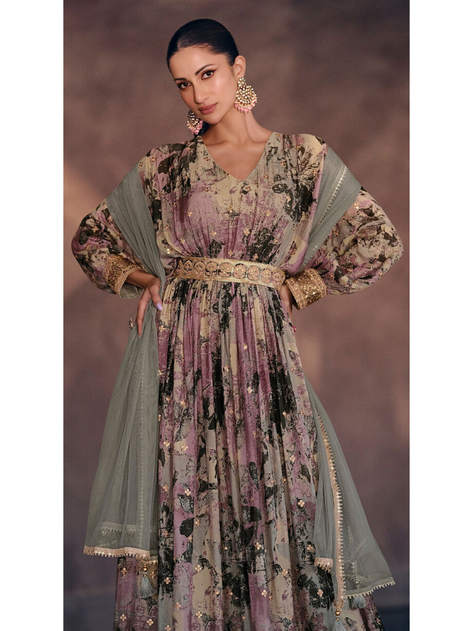 Grey Georgette Gown With Dupatta