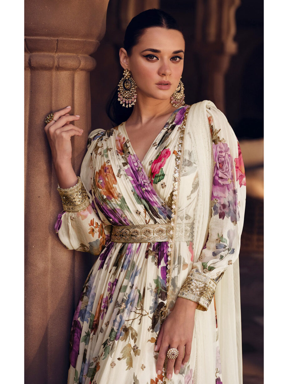 Cream Colour Georgette Gown With Dupatta