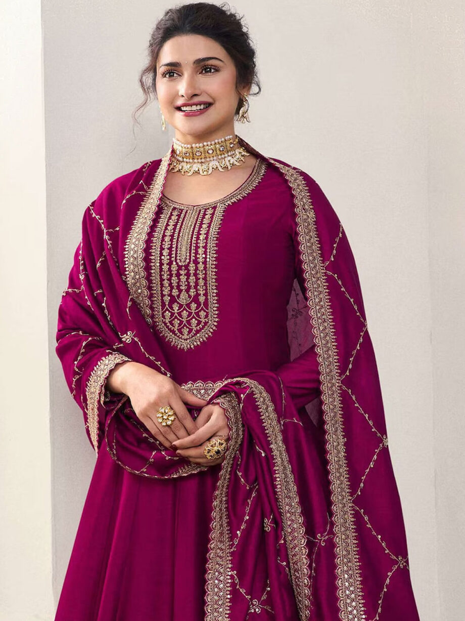 Wine Embroidered Anarkali Suit Set