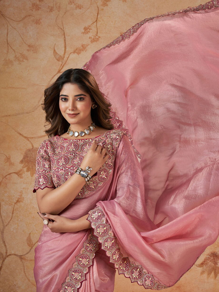 Pink Embroidered Banarasi Crush Silk saree