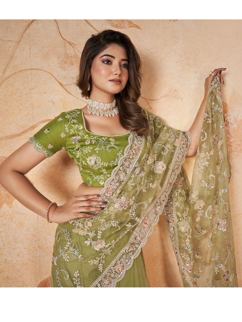 Green Embroidered Net saree