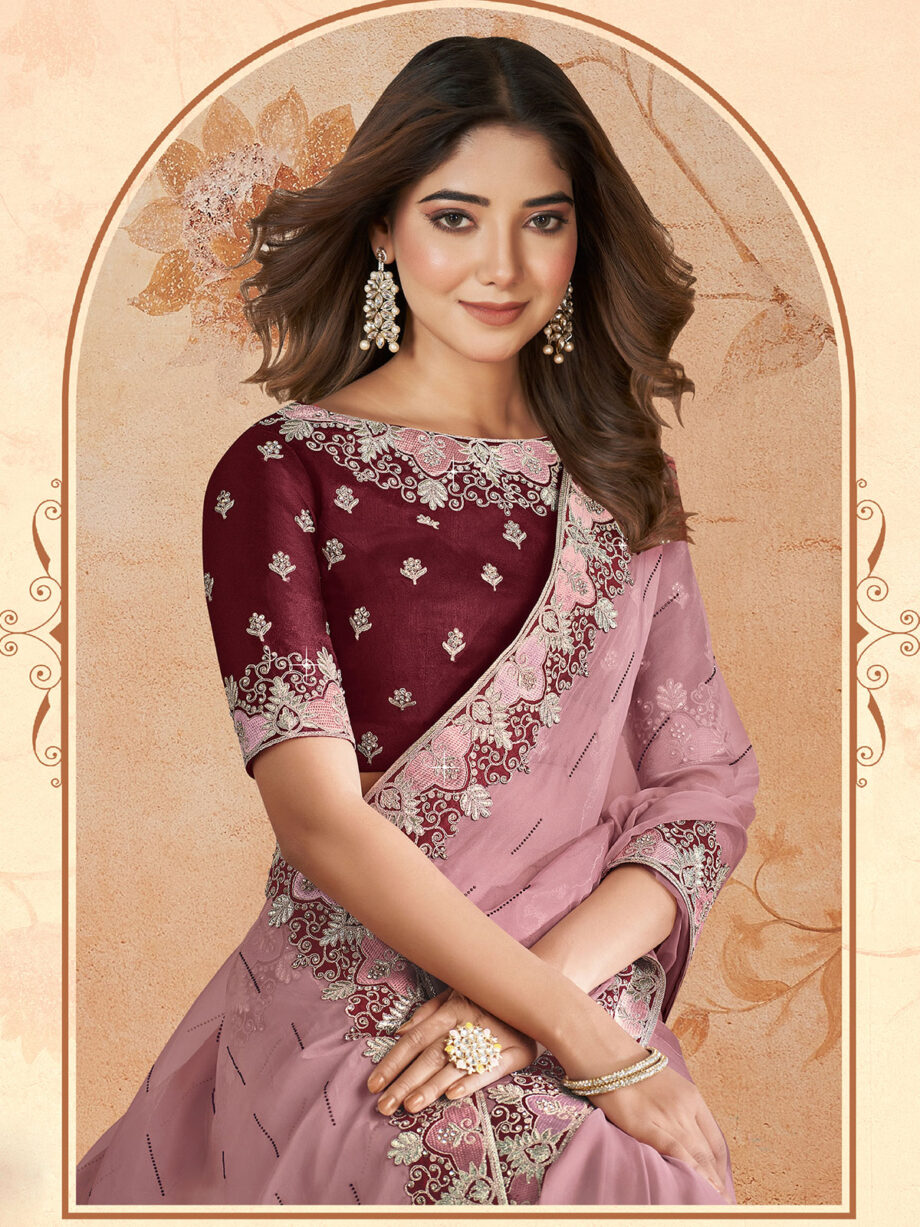 Pink Embroidered Organza saree