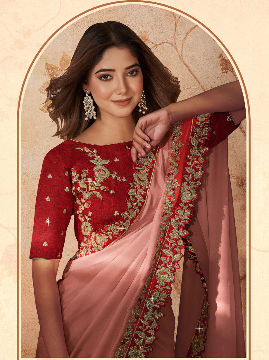 Peach Embroidered Satin Silk Georgette saree