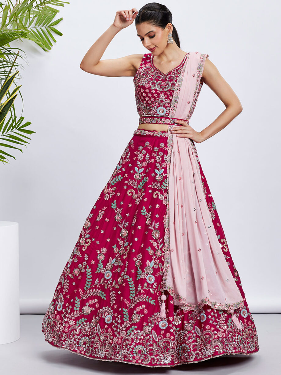 Rose Pink Poly Georgette Semi stitched Lehenga Choli