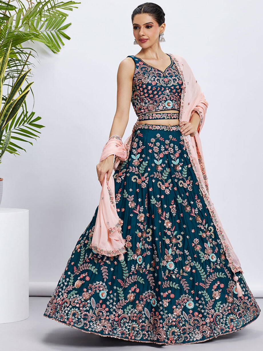Teal Poly Georgette Semi stitched Lehenga Choli