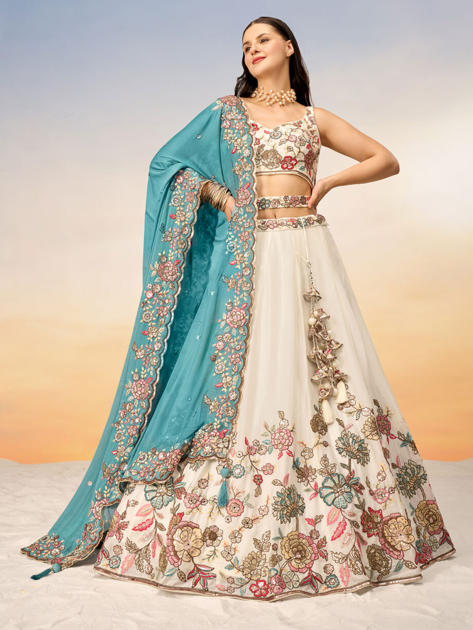 Cream Poly Georgette Semi stitched Lehenga Choli