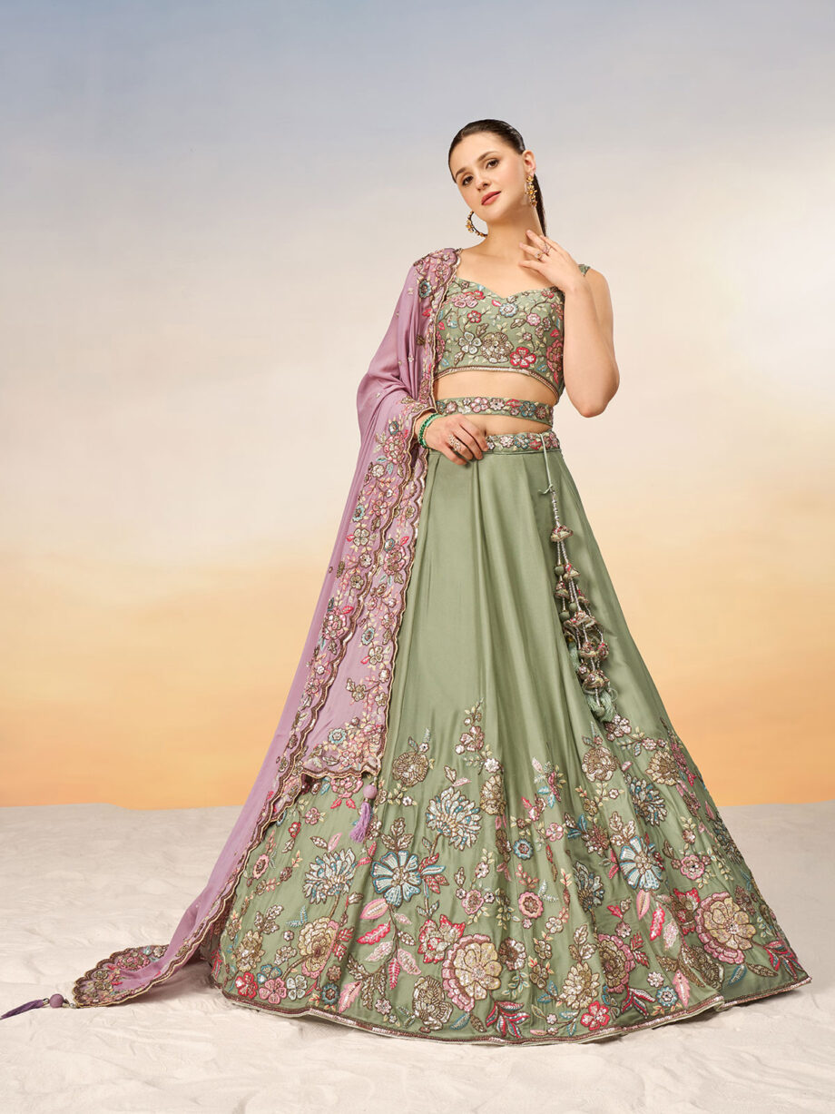 Lime Green Poly Georgette Semi stitched Lehenga Choli