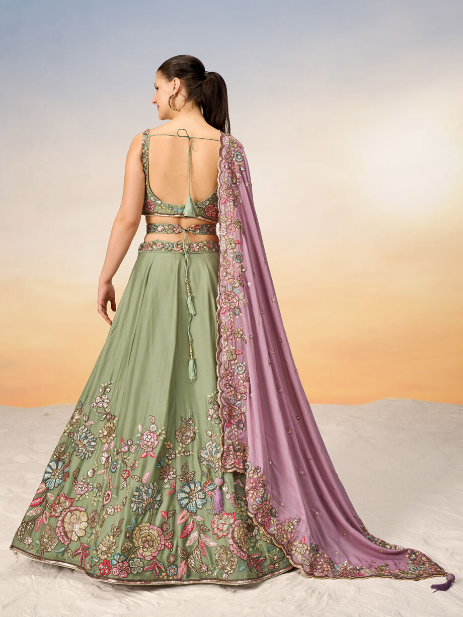 Lime Green Poly Georgette Semi stitched Lehenga Choli