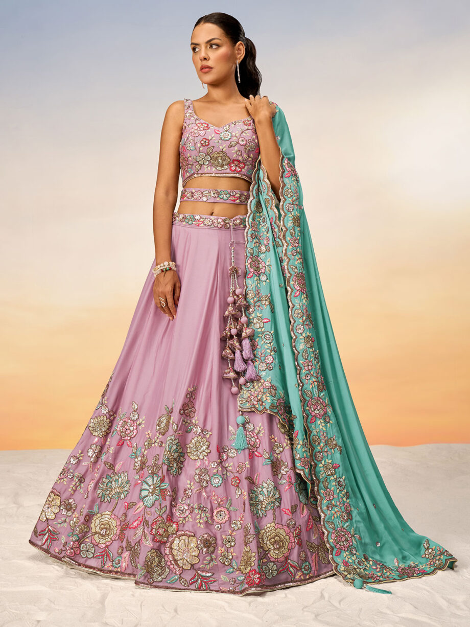 Mauve Poly Georgette Semi stitched Lehenga Choli