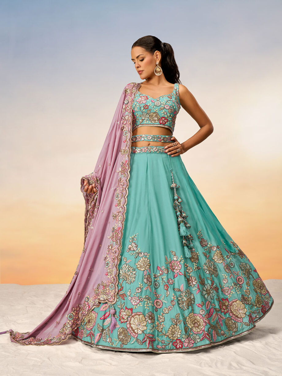 Turquoise Blue Georgette Semi stitched Lehenga Choli