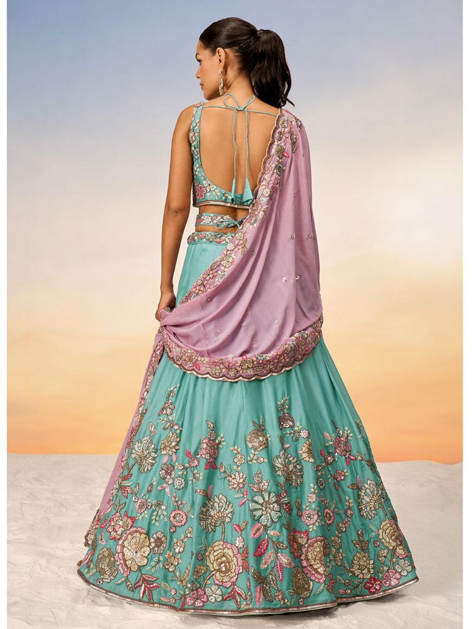 Turquoise Blue Georgette Semi stitched Lehenga Choli
