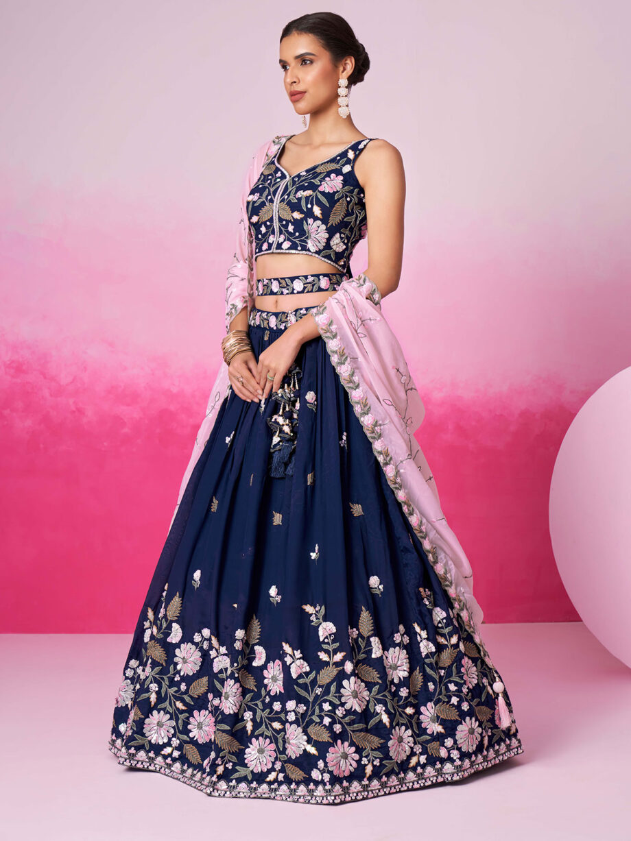 Navy Blue Georgette Semi stitched Lehenga Choli
