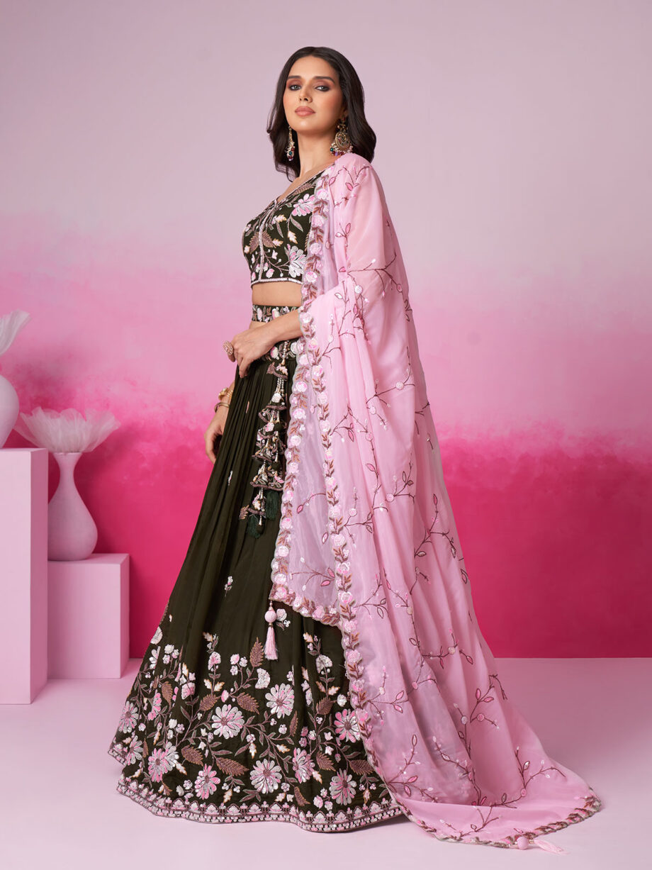 Olive Green Georgette Semi stitched Lehenga Choli