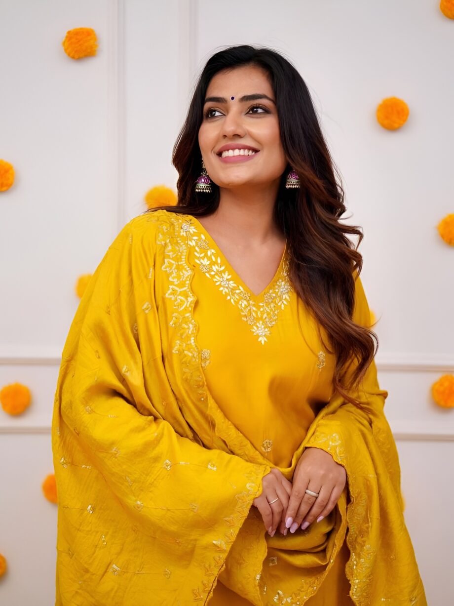 Yellow Roman Silk Embroidery Straight Suit Set