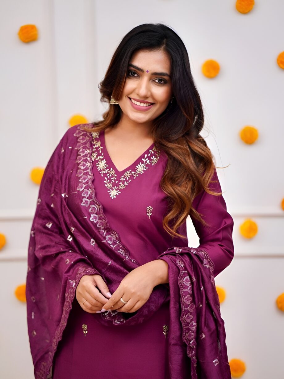 Wine Roman Silk Embroidery Straight Suit Set