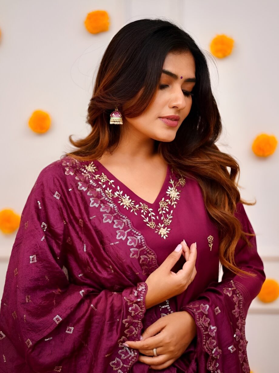 Wine Roman Silk Embroidery Straight Suit Set